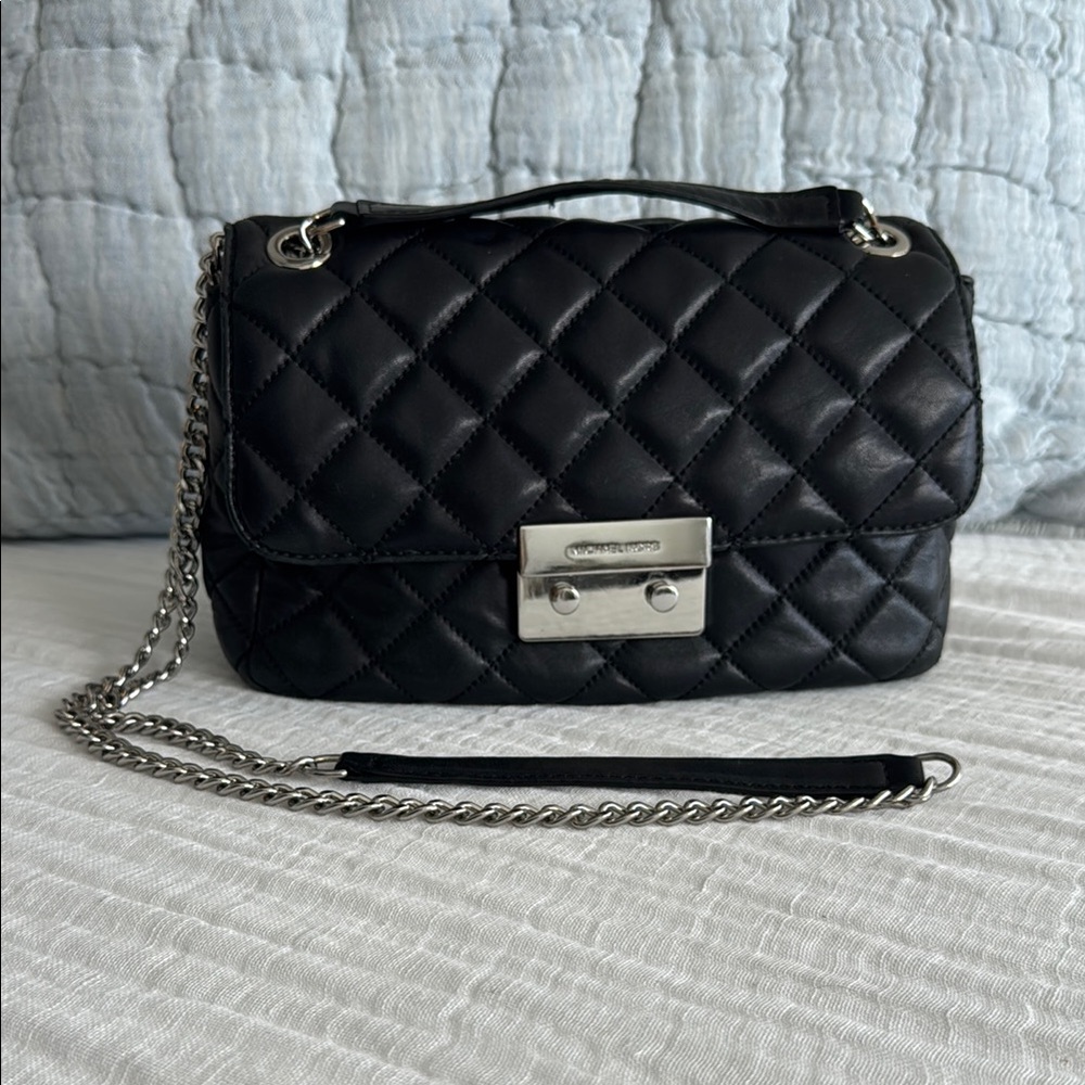 Black Quilted Leather Bag with Chain Strap